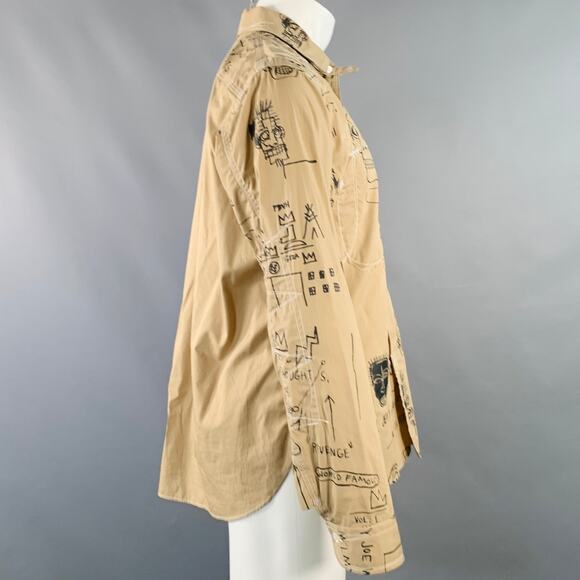 Size M Tan Black Graffiti Cotton Two Pockets Long Sleeve Shirt - Picture 5 of 13